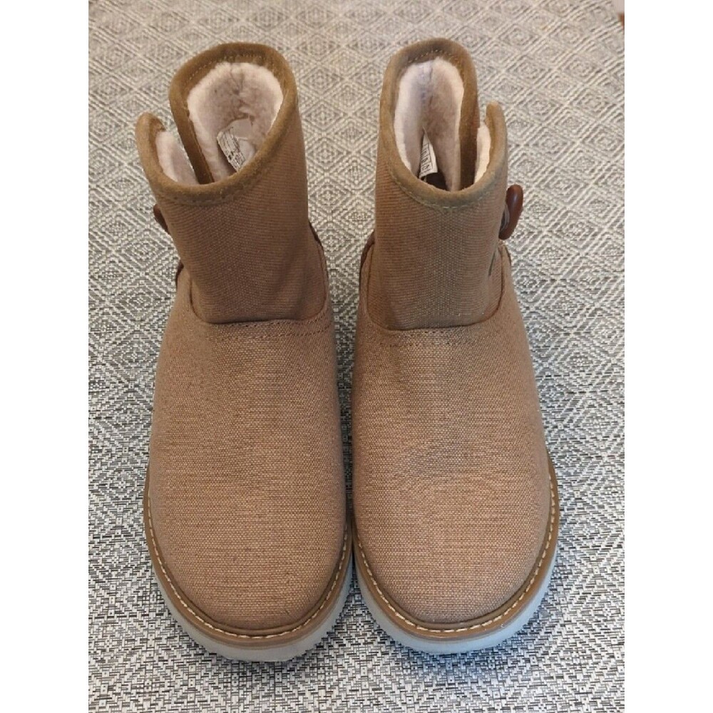 Women's Sanuk Cozy Vibe Surf Check Tan Canvas Ankle Boot with Leather Accent - Picture 4 of 9